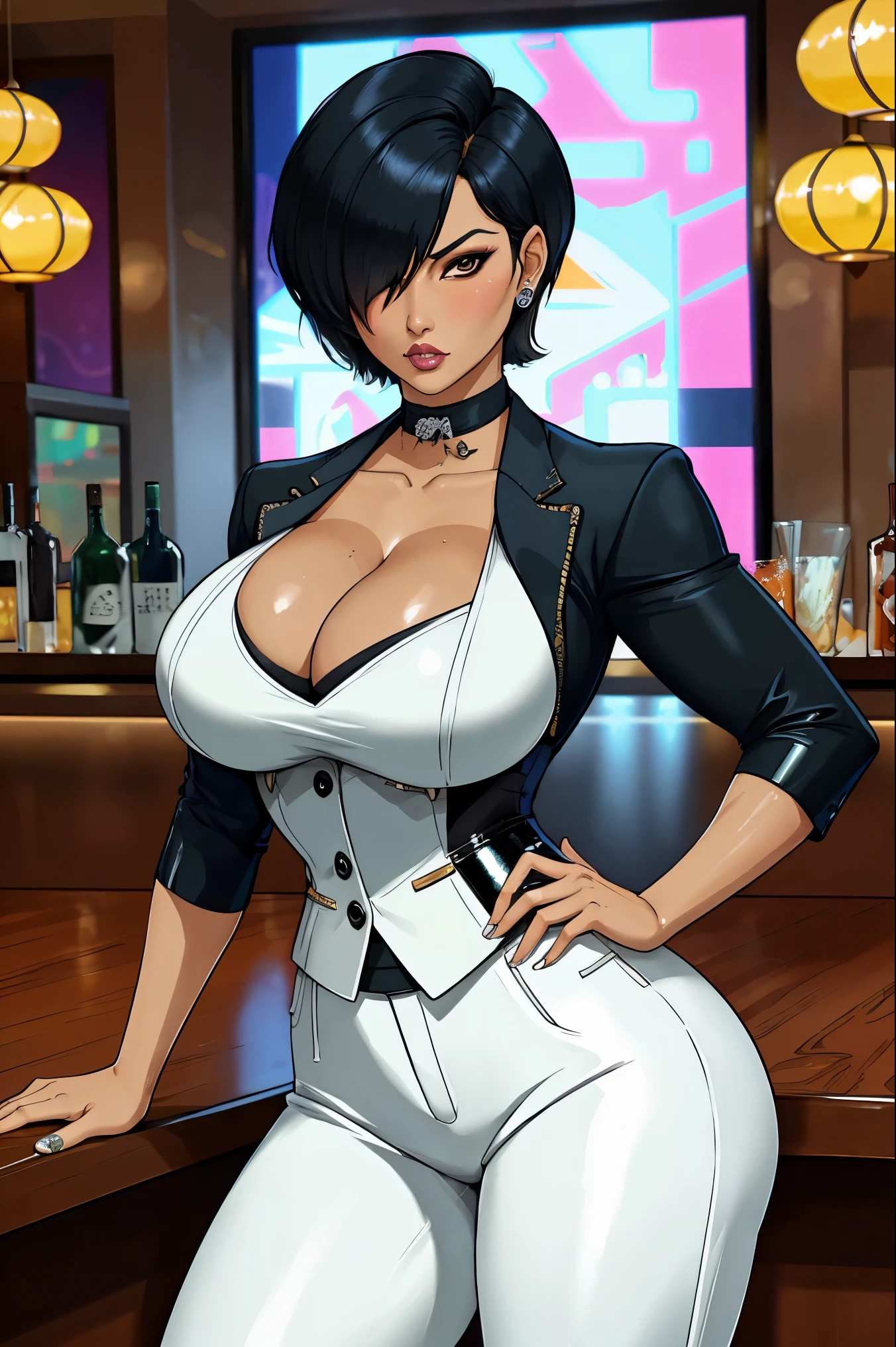 kiko, short hair, hair over one eye, asian, tanned skin, tanned, 35yo, mature woman, milf, serious, mad, dangerous, white female suit, cleavage, big breasts, suit pants, standing, serving drinks in a bar top of a casino, shiny design, cristal design, diamond pattern, elegant waitress