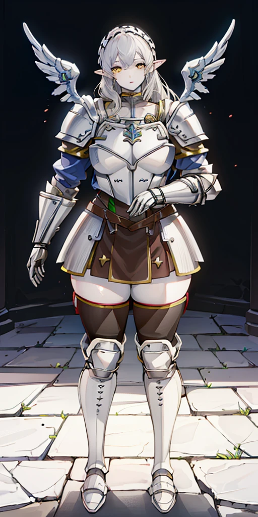 masterpiece, best quality, high quality, 1solo white SKIN elf, long hair, white hair, yellow eyes, full body, def_effie, blue breastplate, looking at viewer, shiny,armor, thighhighs, high boots,shoulder armor, faulds, poleyn, gloves, gauntlets