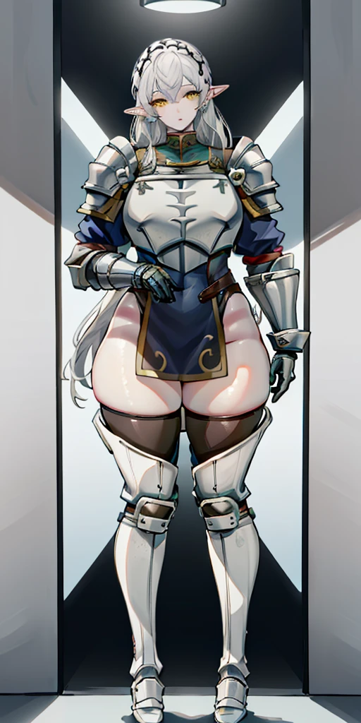 masterpiece, best quality, high quality, 1solo white SKIN elf, long hair, white hair, yellow eyes, full body, def_effie, blue breastplate, looking at viewer, shiny,armor, thighhighs, high boots,shoulder armor, faulds, poleyn, gloves, gauntlets