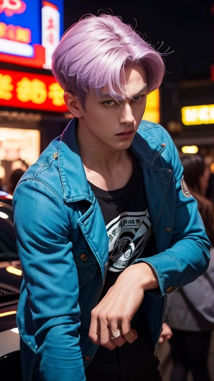 masterpiece, Ultra realistic, 16k, high quality, incredibly detailed, dream aesthetic, dream atmosphere, cinematic, work of art, (sharp focus: 1.5), (photorealistic: 1.3), featured (Beautiful boy), Mirai Trunks (furure trunks from dragon ball z), cinematic, detailed, 4k sharp focus, realistic. Tall man. Gorgeous. Pretty face, strong jaw, defined jawline. tanned skin, Turquoise blue eyes, short lilac hair (hair divided in half), black shirt. dark blue jacket. ultra realistic textures. black t-shirt (under the jacket), dark gray pants. yellow boots. looking at viewer. Tall boy. cool outfit, badass, threatening. illuminated, realistic shading (realistic texture). In Different positions at different angles. Night background. unbelievably real, best quality, Photorealistic.