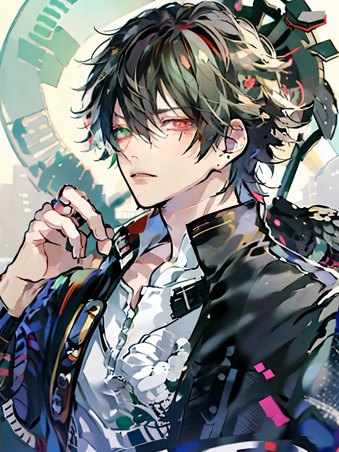 yamada ichiro\(hypnosis mic\),(highest quality)),Red eyes, bangs, Black Hair, Heterochromia, Green Eyes,Perfect Face,((1 male)),alone,Man in his 20s,a handsome guy,