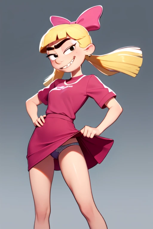 helga, solo, 1girl, blonde hair, floating hair, black eyes, twintails, monobrow, hair bow, pink dress, smile, sneakers,looking at viewer, hand on hip, simple background, standing, teeth, upskirt view, panties reviews, skirt lift, wet legs