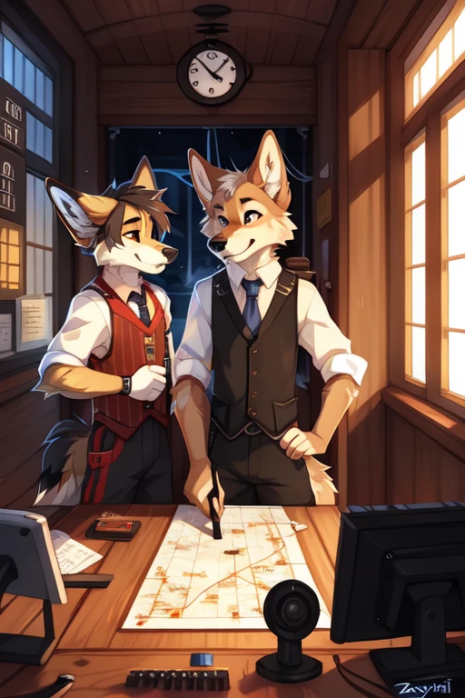 full body,Male,coyote,railroad SIGNALMAN,old time SIGNALMAN,Black vest with white sleeves and blue tie,SIGNALMAN pulls the lever,In the old time office,A row of joysticks,old time railroads map,Old Time Railroads Instrumentation,old time signal box,Mechanical wall clock,Old wooden hand-crank telephone,((by keihound, by reysi)), by Zackary911, by hyattlen, by fumiko, by fluff-kevlar, Furry, Anthro,
