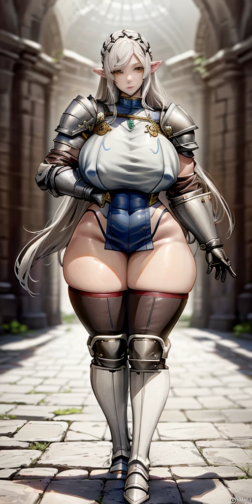 masterpiece, best quality, high quality, 1solo white SKIN elf, long hair, white hair, yellow eyes, full body, def_effie, blue breastplate, looking at viewer, shiny,armor, thighhighs, high boots,shoulder armor, faulds, poleyn, gloves, gauntlets\