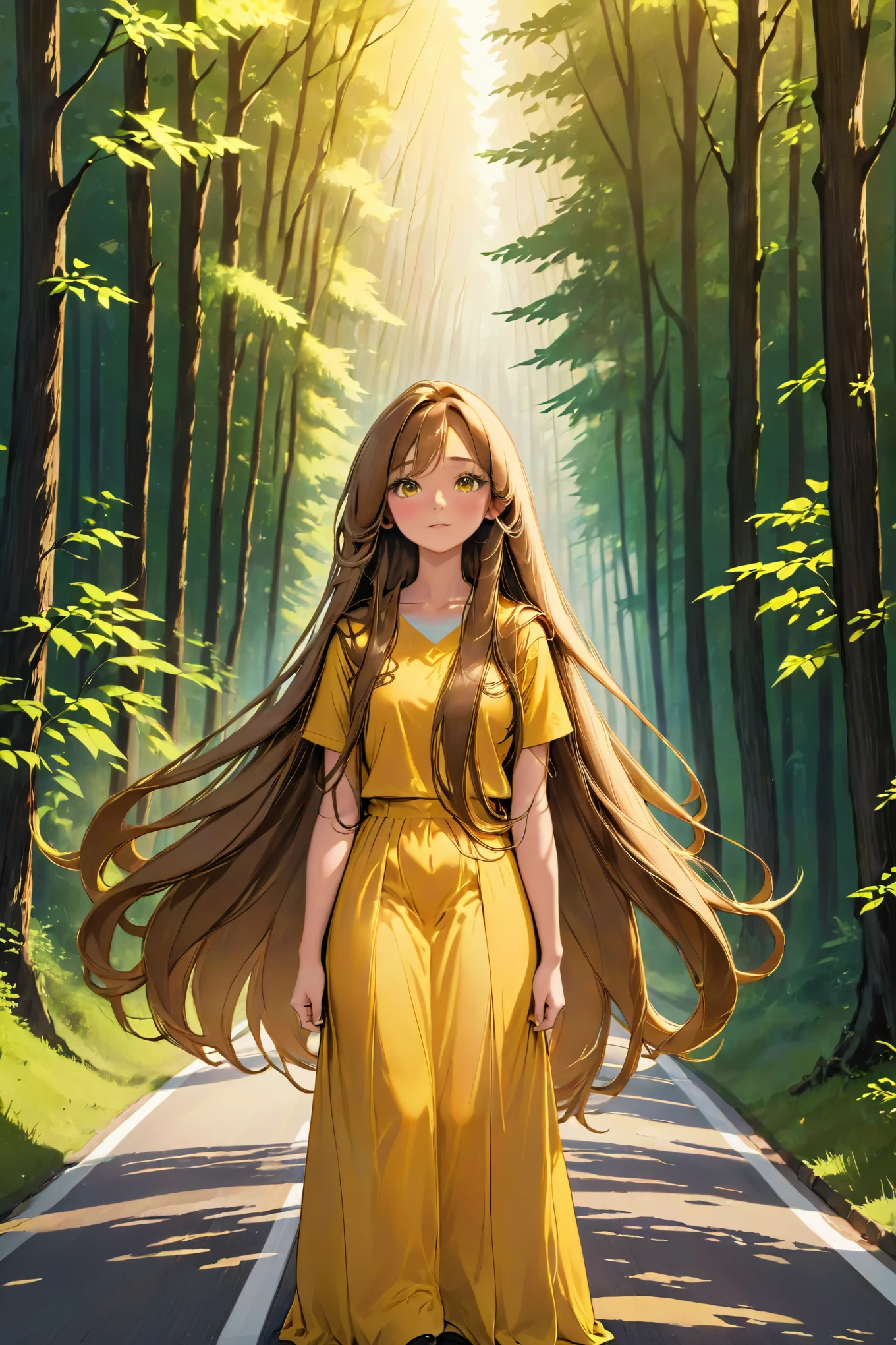 arafed woman Long Hair standing on a road in a forest, Long Hair***, girl Long Hair, Long thin hair, Long Hair, Long yellow hair, The forested street behind her, Her hair is long and straight, young Long Hair, Super long hair girl, Long brown hair, Long golden hair, Brown long hair, Long hair in the center