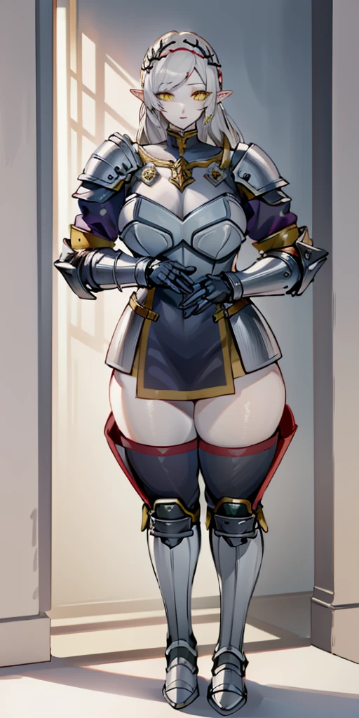masterpiece, best quality, high quality, 1solo white SKIN elf, long hair, white hair, yellow eyes, full body, def_effie, blue breastplate, looking at viewer, shiny,armor, thighhighs, high boots,shoulder armor, faulds, poleyn, gloves, gauntlets