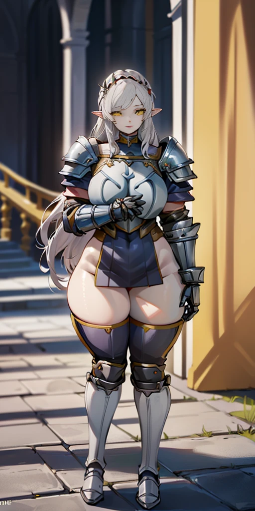masterpiece, best quality, high quality, 1solo white SKIN elf, long hair, white hair, yellow eyes, full body, def_effie, blue breastplate, looking at viewer, shiny,armor, thighhighs, high boots,shoulder armor, faulds, poleyn, gloves, gauntlets