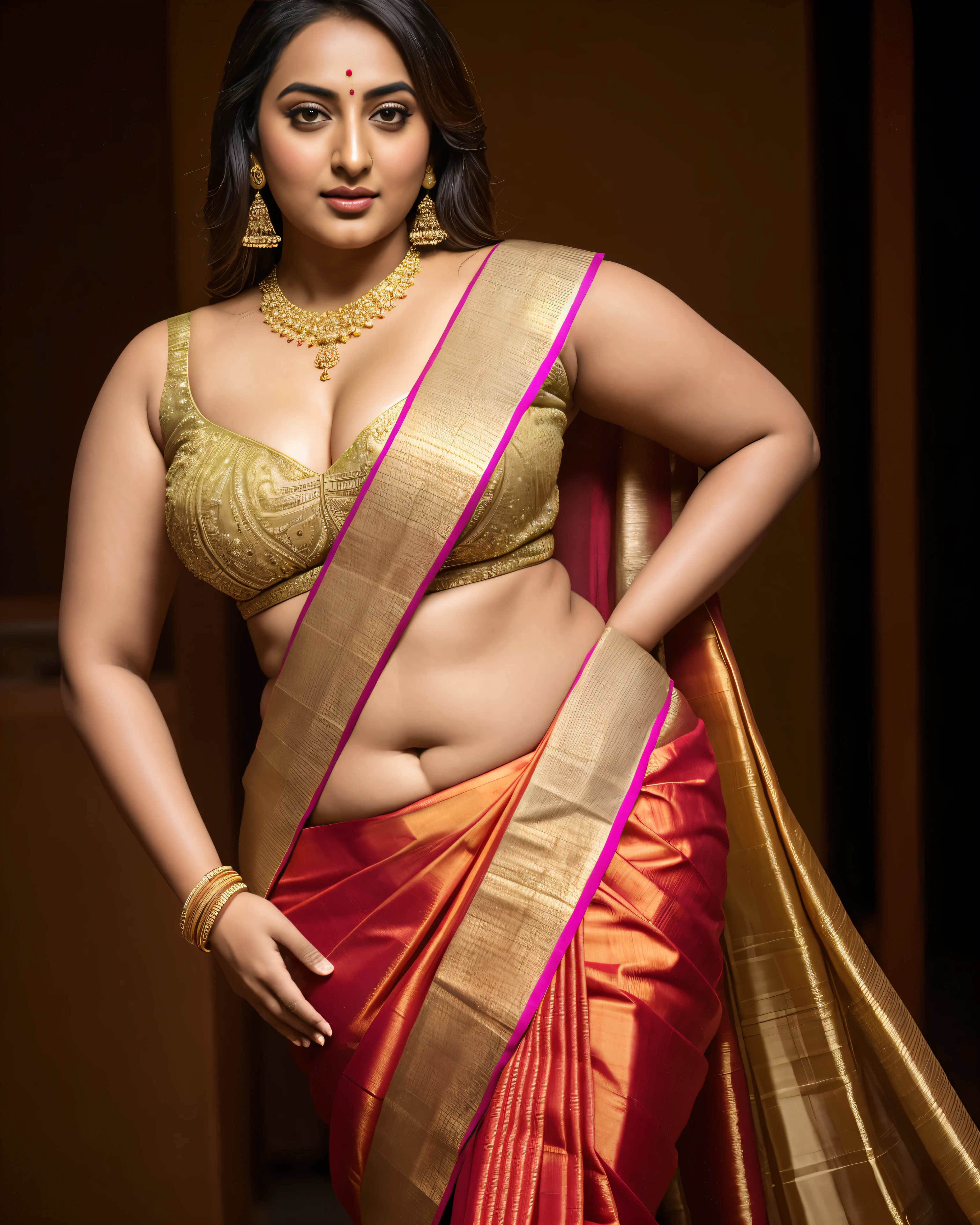 Foto RAW, photorealistic, photography, full body shot, master shot, perfect eyes, goddess like beauty, pierced eyes, perfect thick chubby mallu Desi aunty bhabhi, Wearing a Stanapatta, a chest-band.Saree model, model Photography, Indian saree shoot, Indian traditional wear advertising photography, traditional wear brand shoot, face of Indian actress Sonakshi Sinha, masterpiece, realistic, realism, incredible details, pleasure, photorealism, detailed skin, skin pores, high contrast, photorealistic Artstation 8k HD digital art trend of high definition and detailed realistic skin texture, ultra detail, realistic skin texture, armature, best quality, ultra high definition, (photorealistic:1.4),, high resolution, detail, raw photo, sweat, Re sharp, by Lee Jefferies Nikon D850 Film Stock Photo 4 Kodak Portra 400 Camera F1.6 Lens Rich Color Ultra Real Realistic Realistic Textures Dramatic Lighting Unreal Engine Trending at Art Station Cinestill 800,(pele altamente detalhada: 1.2), 8k UHD, DSLR, soft-lighting, alta qualidade, grain of film, Fujifilm XT3,she didn't like to wear blouse or bra, she is happy to wear only saree, she hates blouse or bra, detailed hairy armpits,