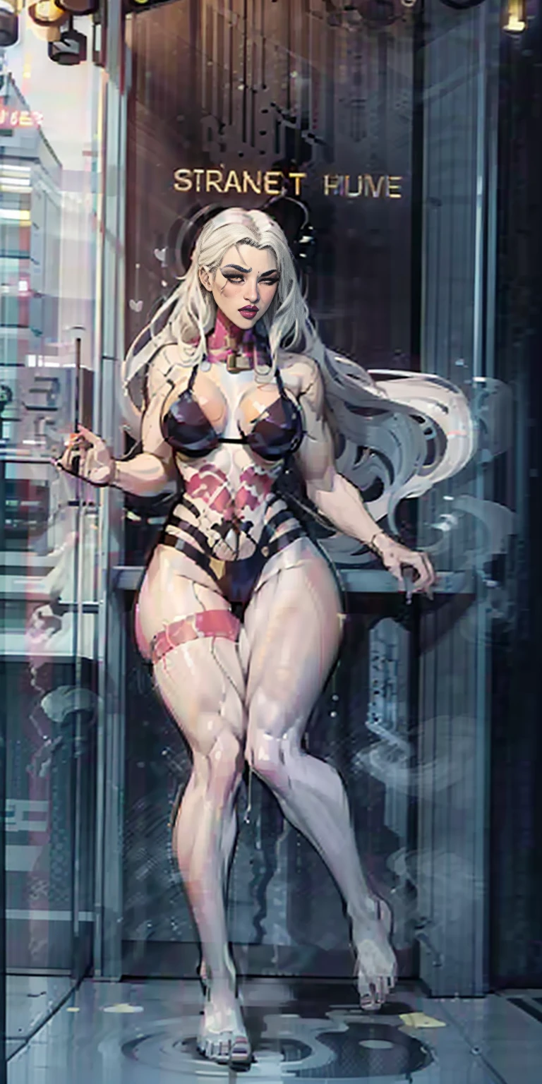 1girl full body barefoot ((MILF)) ((dark skin)) white hair, slingshot bikini, unrealistically large extremely large breasts (huge) (large badonkers) ((((neck decor)))) ((((translucent bikini)))) ((nsfw)) ((((translucent)))) ((((see-through)))) (((see-through clothing))), (((((love hotel))))) make her a sexy, dynamic, ultra high def, 32k, (perfect anatomy:1.5) perfect legs, in the style of Artgerm and Adam Hughes, perfect arms