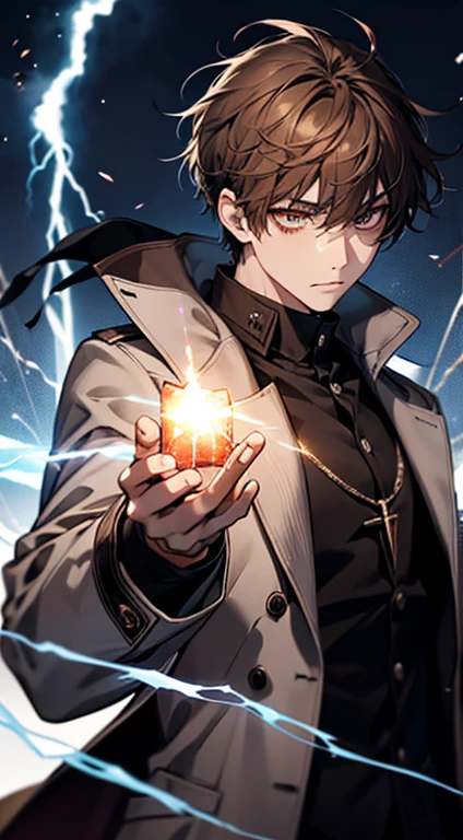 20歳のmens子1人, aura, Biribiri, black_background, Bi色_eye,Biく光るeye,Bi_fire, Blurred, zone, Brown Hair, anger, coat, crystal, electricity, energy, burn, _BlAnd_eye, Holding, lightning, length_sleeve, look up_in_Audience, magic, mens_concentrated, black_coat, simple_background, 一人in, bodyの上部_body, white_