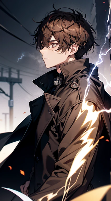 20歳のmens子1人, aura, Biribiri, black_background, Bi色_eye,Biく光るeye,Bi_fire, Blurred, zone, Brown Hair, anger, coat, crystal, electricity, energy, burn, _BlAnd_eye, Holding, lightning, length_sleeve, look up_in_Audience, magic, mens_concentrated, black_coat, simple_background, 一人in, bodyの上部_body, white_
