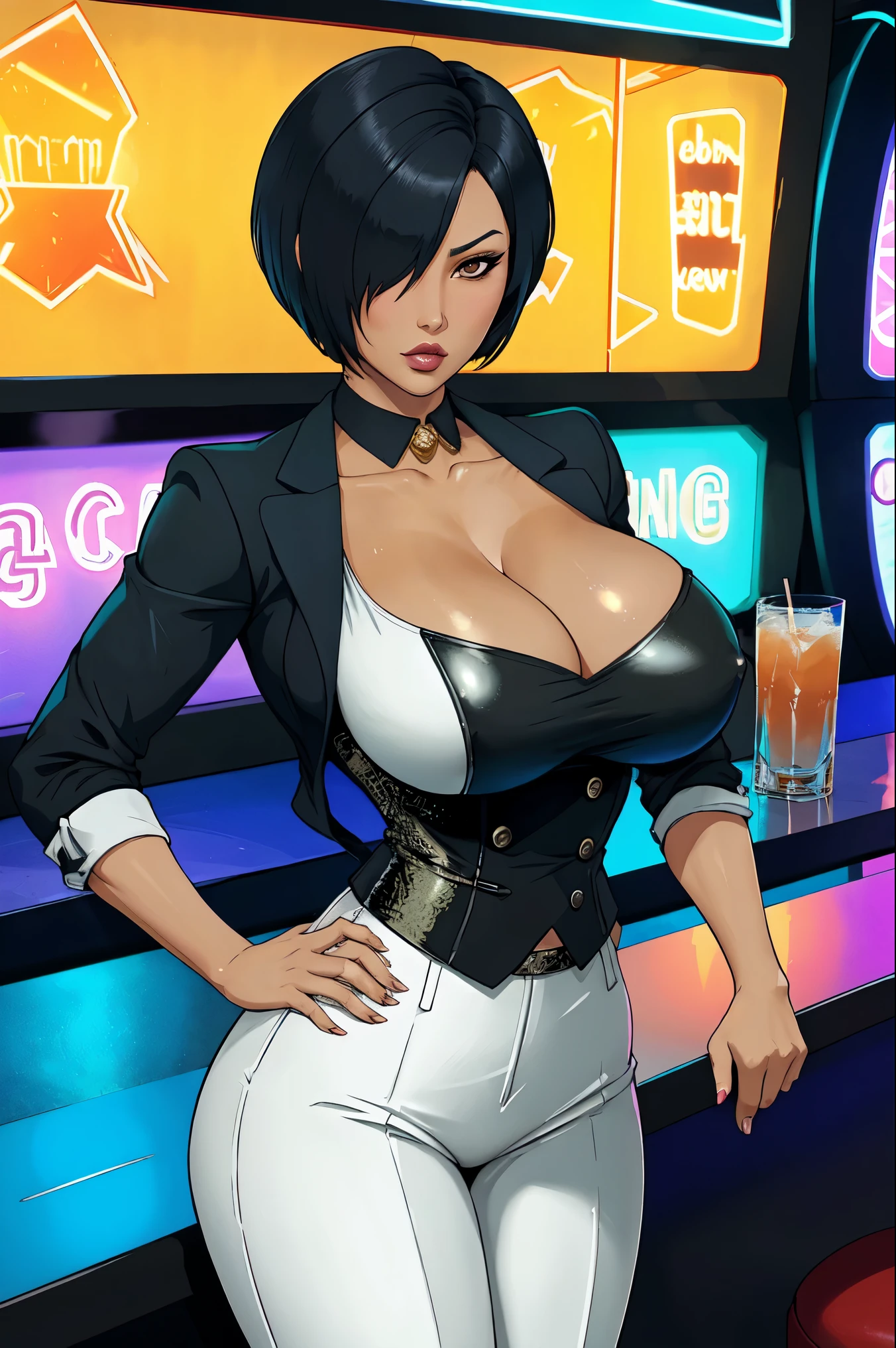 kiko, short hair, hair over one eye, asian, tanned skin, tanned, 35yo, mature woman, milf, serious, mad, dangerous, white female suit, cleavage, big breasts, suit pants, standing, serving drinks in a bar top of a casino, shiny design, cristal design, diamond pattern, elegant waitress