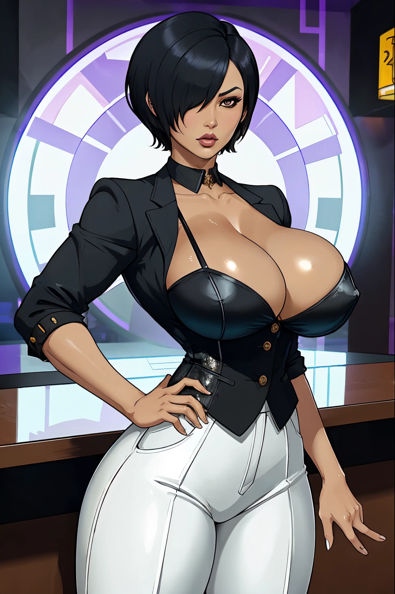 kiko, short hair, hair over one eye, asian, tanned skin, tanned, 35yo, mature woman, milf, serious, mad, dangerous, white female suit, cleavage, big breasts, suit pants, standing, serving drinks in a bar top of a casino, shiny design, cristal design, diamond pattern, elegant waitress