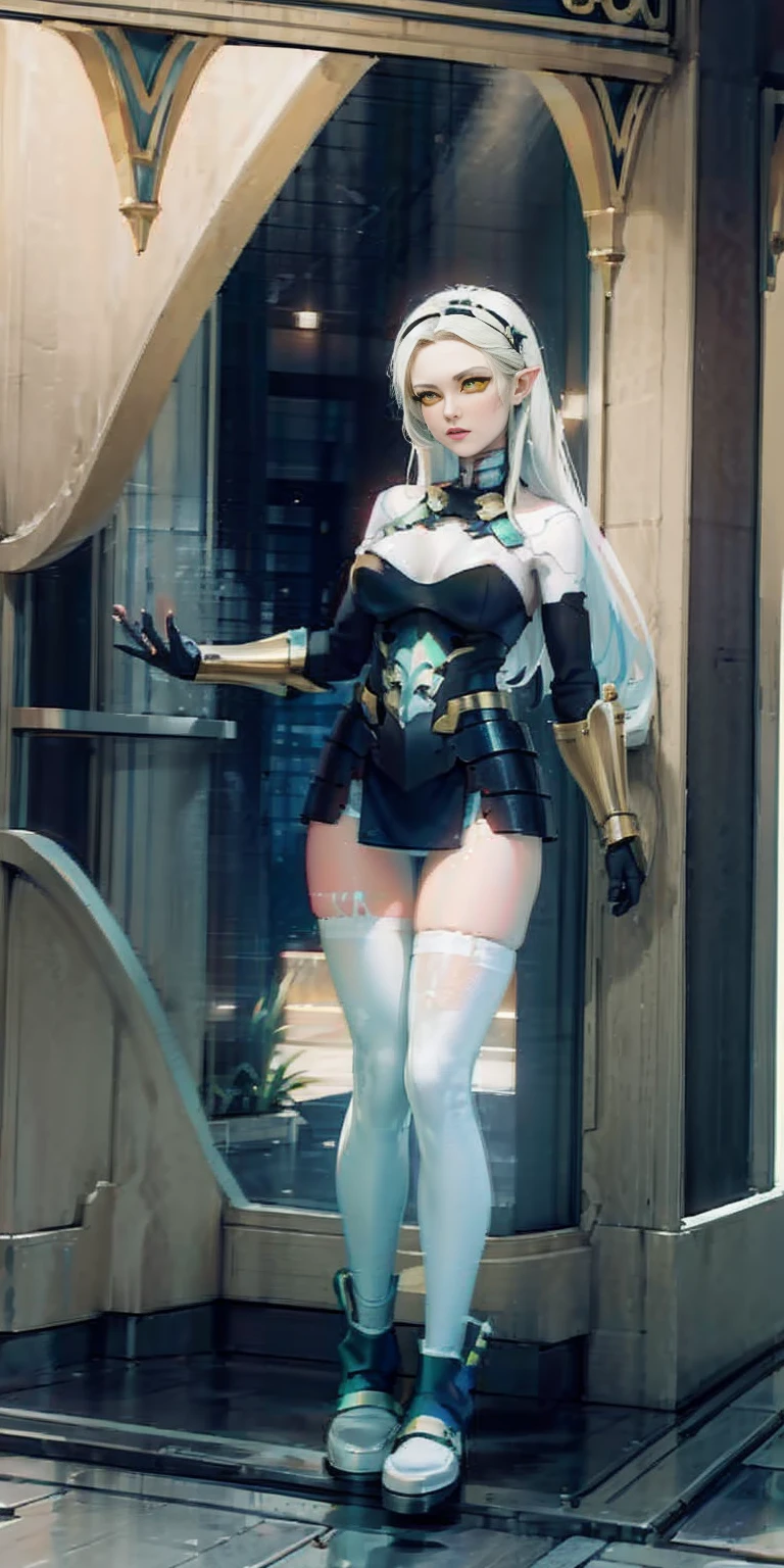 masterpiece, best quality, high quality, 1solo white SKIN elf, long hair, white hair, yellow eyes, full body, def_effie, blue breastplate, looking at viewer, shiny,armor, thighhighs, high boots,shoulder armor, faulds, poleyn, gloves, gauntlets