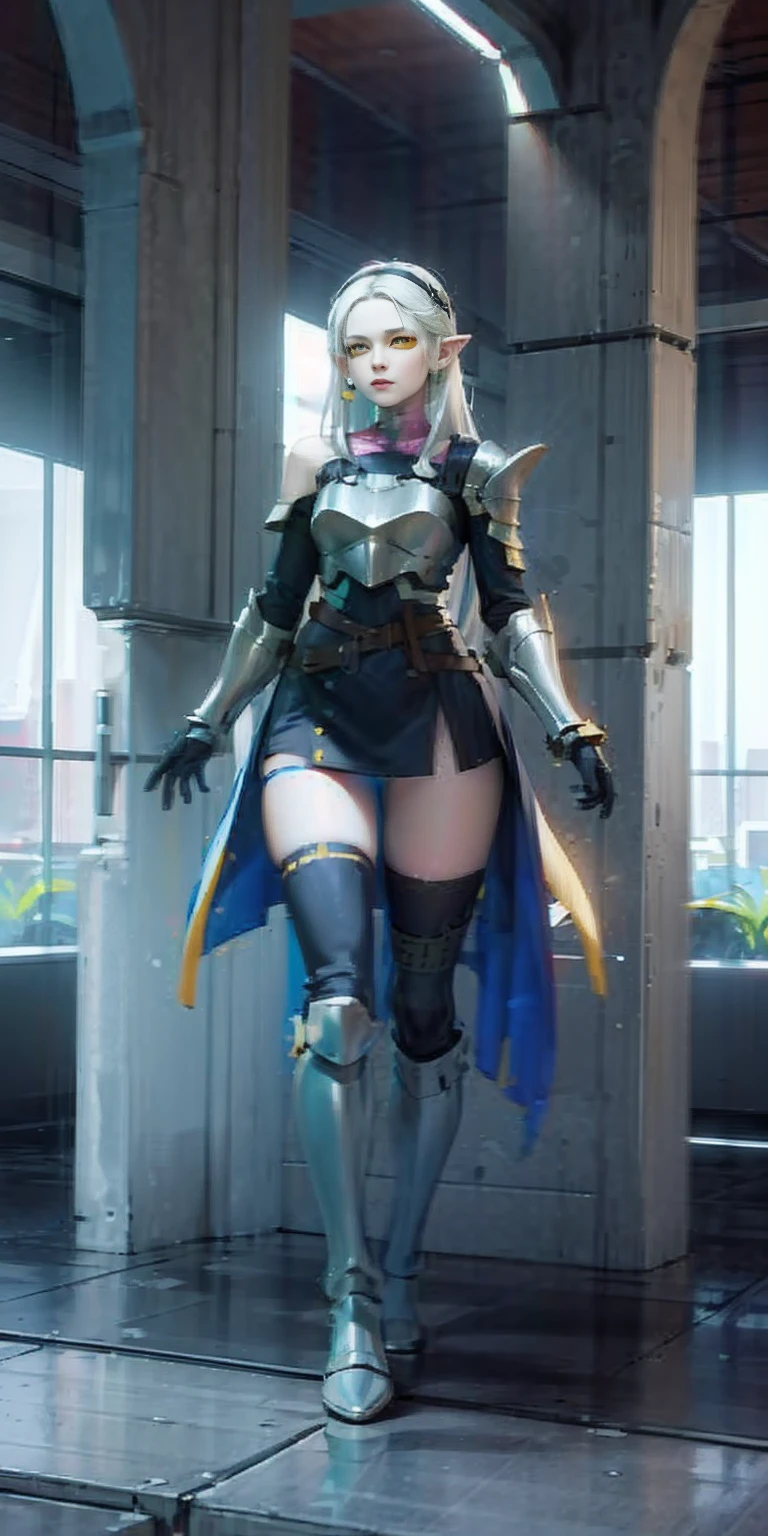 masterpiece, best quality, high quality, 1solo white SKIN elf, long hair, white hair, yellow eyes, full body, def_effie, blue breastplate, looking at viewer, shiny,armor, thighhighs, high boots,shoulder armor, faulds, poleyn, gloves, gauntlets