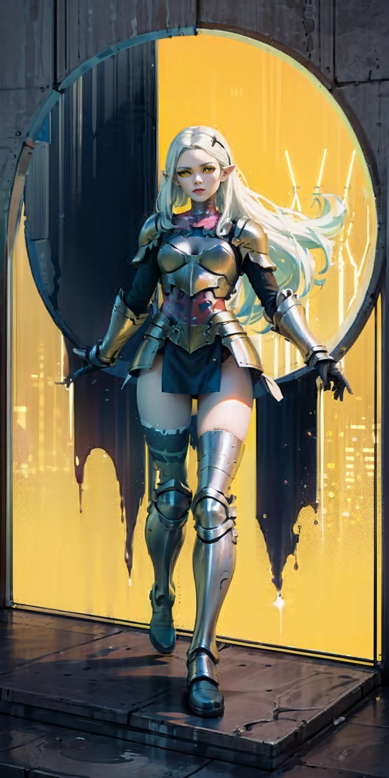 masterpiece, best quality, high quality, 1solo white SKIN elf, long hair, white hair, yellow eyes, full body, def_effie, blue breastplate, looking at viewer, shiny,armor, thighhighs, high boots,shoulder armor, faulds, poleyn, gloves, gauntlets