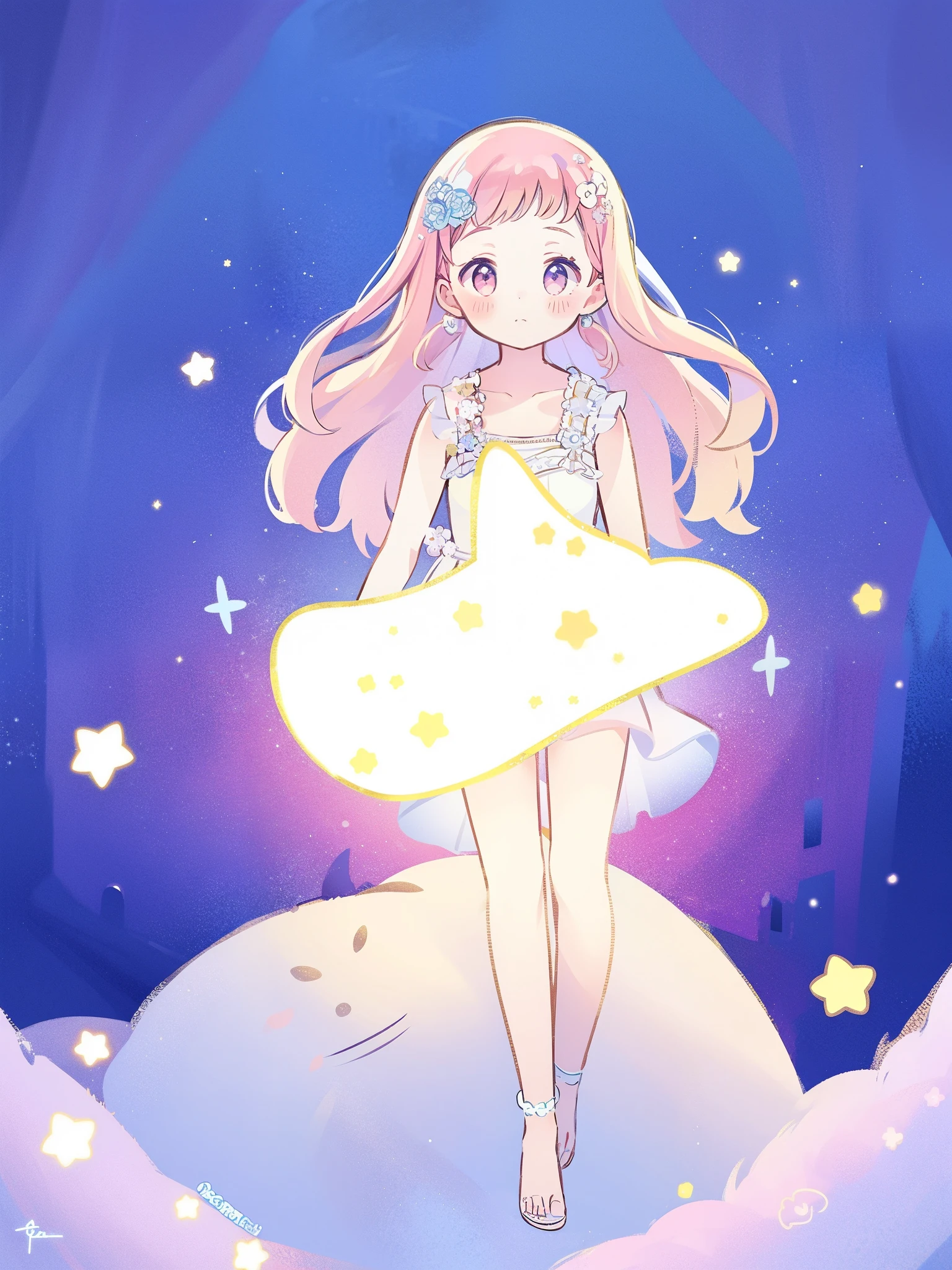 complex background, wishing star background, a woman wearing an ethereal mystical pink translucent dress that reflects the stars, perfume promo art, mystic, complex drawing, highly detailed, Covergirl brand, promo art, artistic rendition, ethereal, starry night, midjourney style