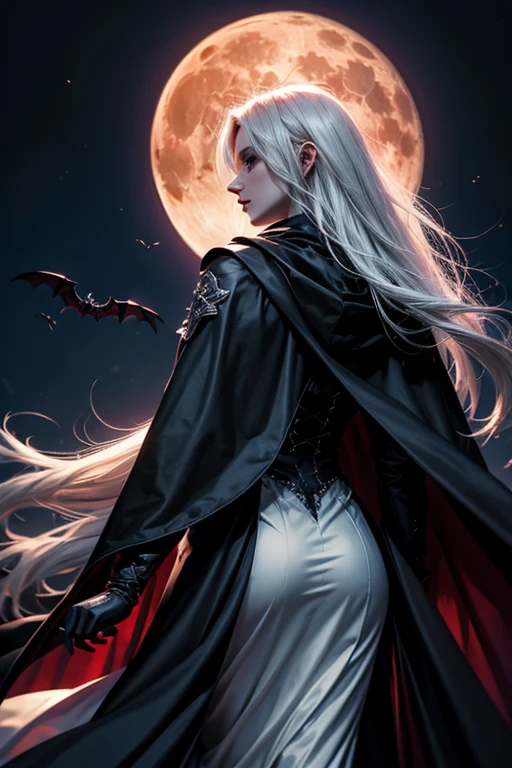 1lady,solo,vampire,fantastic,cool, sorrow,darkness,white hair and long hair,dress,cloak,back old castle, red fullmoon,flying bat,