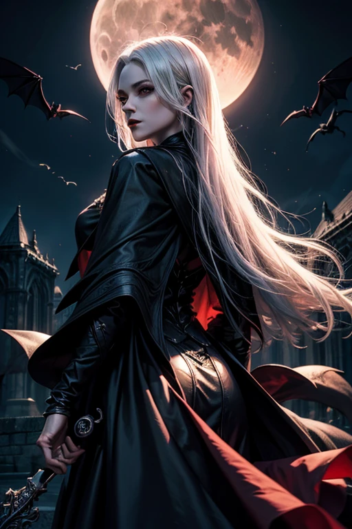 1lady,solo,vampire,fantastic,cool, sorrow,darkness,white hair and long hair,dress,cloak,back old castle, red fullmoon,flying bat,