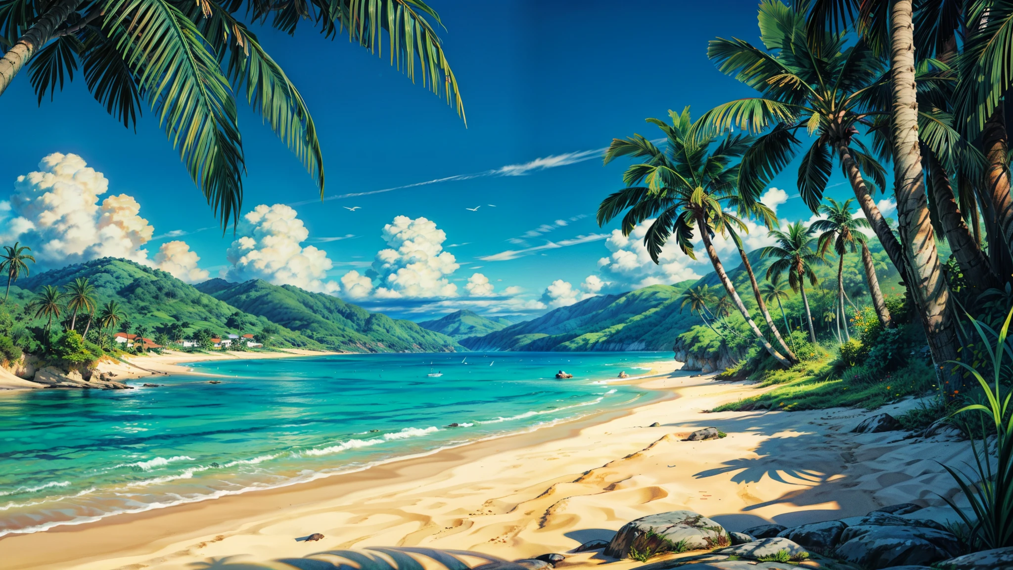 (obra de arte), ((mais alta qualidade)), (super detalhado), ((muito delicado e lindo)), (Incrivelmente absurdo))),Explore this hidden oasis of tranquility, where emerald waters gently lap against golden shores, criando uma melodia hipnotizante que acalma a alma. Palm trees sway gracefully in the ocean breeze, its verdant leaves casting dappled shadows over the pristine sands below. Flores tropicais vibrantes alinham-se na costa, its intoxicating fragrance mixed with the salty sea breeze. As you wander the coast, o sol quente beija sua pele, infusing you with a sense of peace and contentment. A cada passo, you will feel the worries of the world melt away, replaced by a deep connection with the beauty of nature.