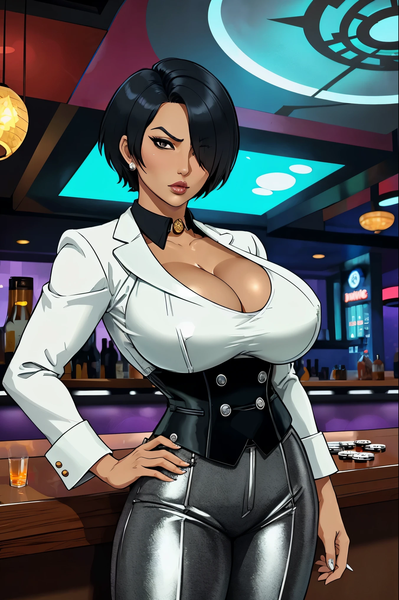 kiko, short hair, hair over one eye, asian, tanned skin, tanned, 35yo, mature woman, milf, serious, mad, dangerous, white female suit, cleavage, big breasts, suit pants, standing, serving drinks in a bar top of a casino, shiny design, cristal design, diamond pattern, elegant waitress