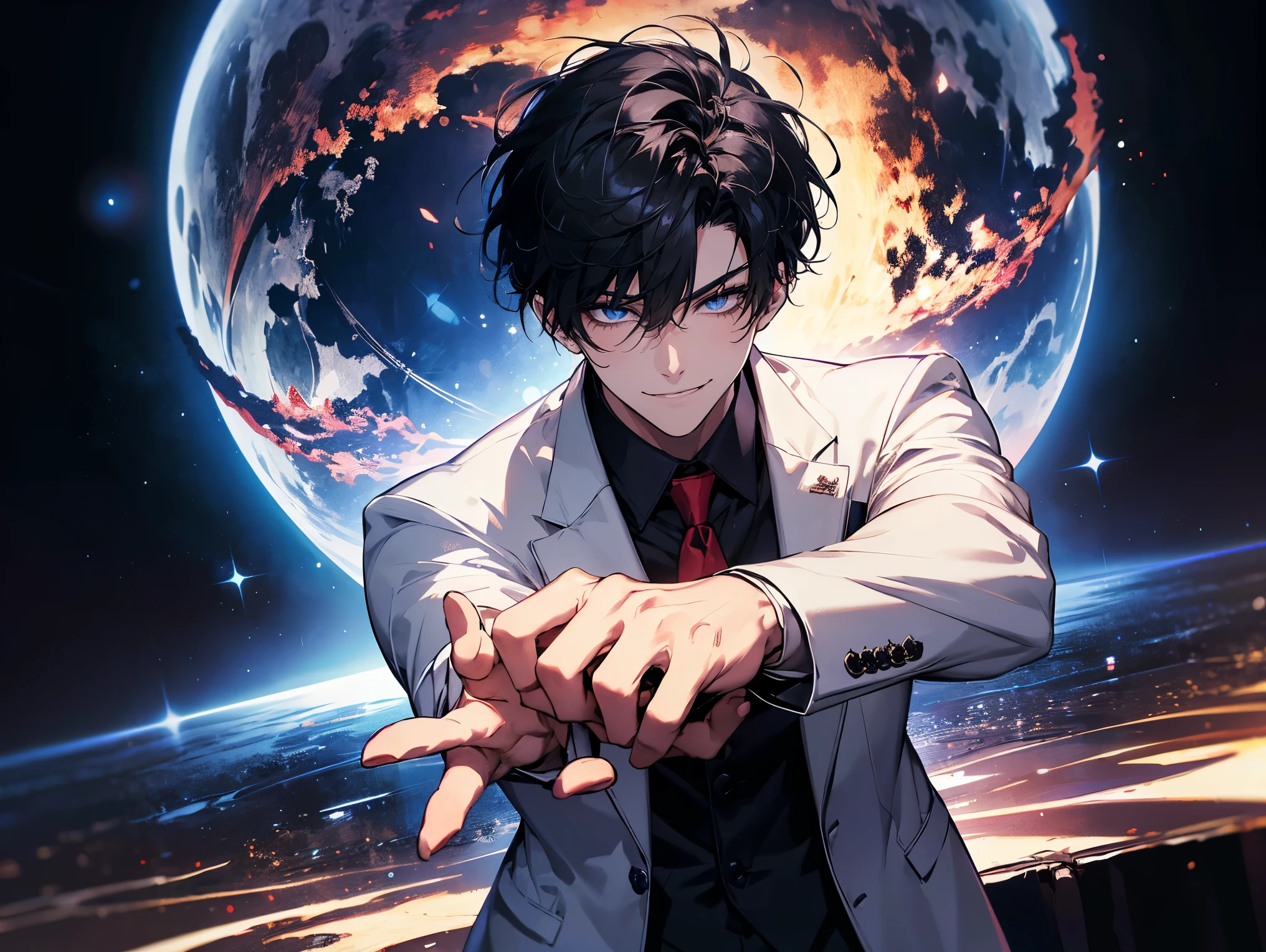 1 man, teacher, wearing black shirt, white suit, black long pants, black hair, short hair, blue eyes, red tie, face to detail, detailed eyes, the background is a galaxy, hands out, grinning and showing fangs, looking at the screen from an angle