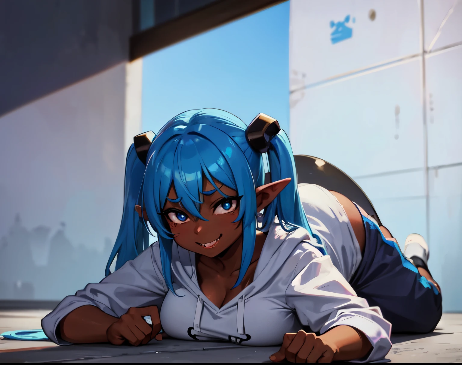 goblin girl, blue hair, very long hair, dark_ skin, dark skin goblin, wide body, very dark skin girl, busty, hair between eyes, twintails, chubby, chubby girl, chubby girl goblin, wide hips, blue eyes, mole, mole on chest, age up, lips, big lips, thick eyebrows, body with fur, tusk, short girl, short goblin girl twintails, short girl, highly detailed, high quality, best quality, 8k, full body, fat, fat girl, fat goblin, smile, casual clothes, pants, sneakers, neckline, waving, lying down, sexy girl, Hoodie