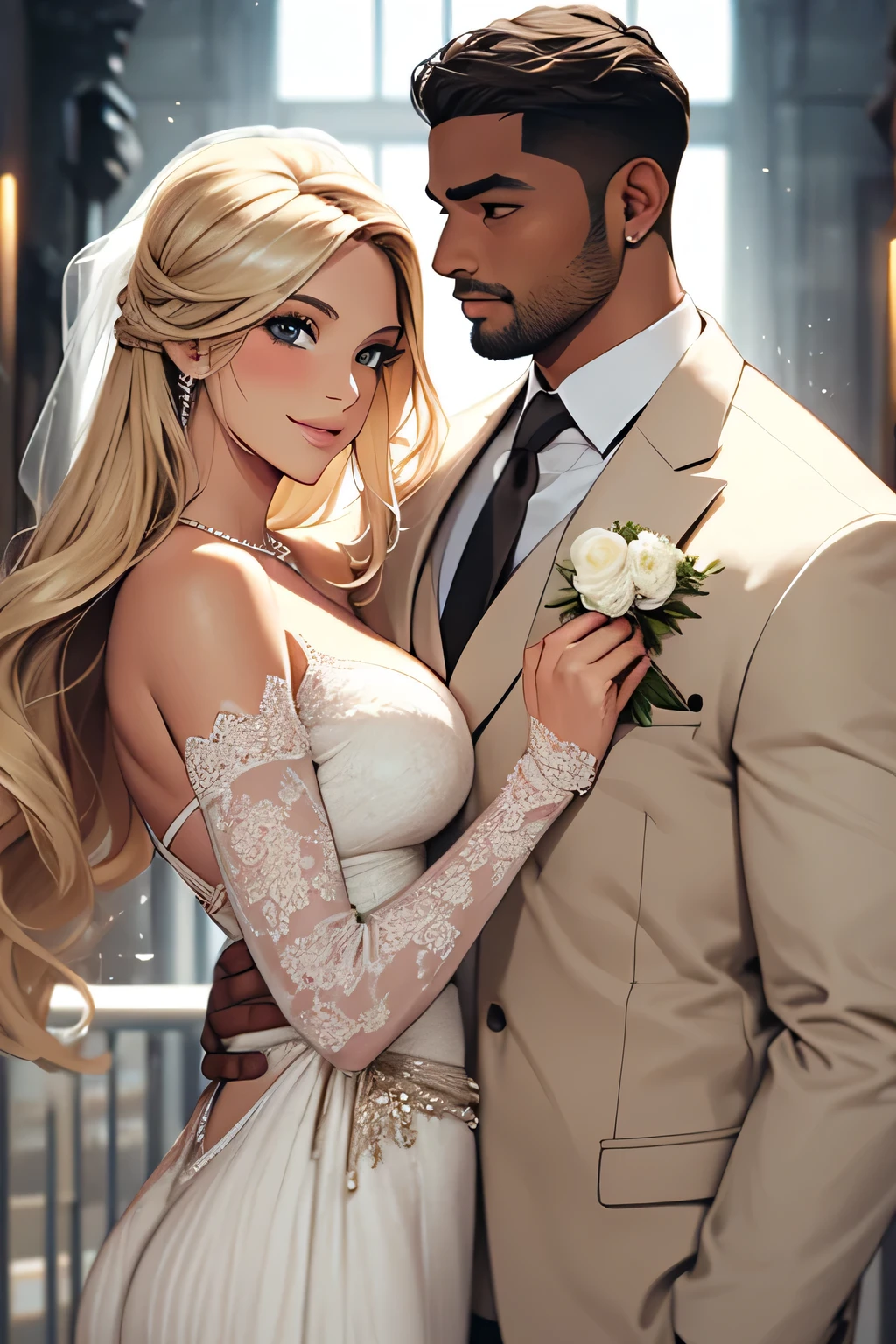 blonde woman, brown man, newlyweds