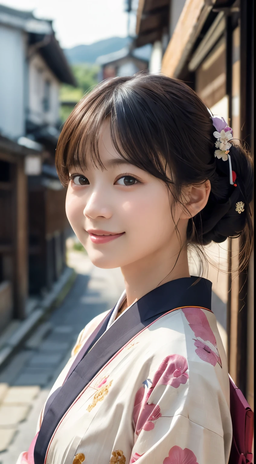 Professional Lighting,(Photorealistic:1.4), (Top image quality:1.0), (超A high resolution:1.0), 8k, Raw photography, (masterpiece:0.2), (Facing the children_v1:0.5)、(最高quality Detail:1.2)、Realistic、8K Ultra HD、High resolution、(1 girl:1.2)、超detailedな、High quality textures、複雑なdetailed、detailed、Very detailed CG、High quality shadows、detailed 美しく繊細な顔、Beautiful details and a delicate eye、(Symmetrical eyes:1.2),Written boundary depth、Ray Tracing,1 girl, Japanese Girls, (Natural smile:1.4),cute, thin, Portrait of a beautiful Japanese woman in a kimono, Standing elegantly on a street corner in Kyoto. Kimono with vibrant traditional patterns, Hair decorated with elegant and delicate hairpins, Gentle expression. (With the old streets of Kyoto in the background:1.4)、The soft light of a spring afternoon、Adding tranquility to the scene. Rendered in a Realistic style with great attention to detail, High resolutionの画像.Sky Porn, Magic Hour, (Realistic:1.3), finely, quality, (Tabletop:1.2), (Realistic:1.2), (最高quality), (複雑なdetailed), dramatic, Ray Tracing, photograph, +roller