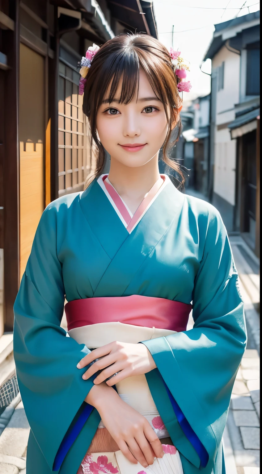 Professional Lighting,(Photorealistic:1.4), (Top image quality:1.0), (超A high resolution:1.0), 8k, Raw photography, (masterpiece:0.2), (Facing the children_v1:0.5)、(最高quality Detail:1.2)、Realistic、8K Ultra HD、High resolution、(1 girl:1.2)、超detailedな、High quality textures、複雑なdetailed、detailed、Very detailed CG、High quality shadows、detailed 美しく繊細な顔、Beautiful details and a delicate eye、(Symmetrical eyes:1.2),Written boundary depth、Ray Tracing,1 girl, Japanese Girls, (Natural smile:1.4),cute, thin, Portrait of a beautiful Japanese woman in a kimono, Standing elegantly on a street corner in Kyoto. Kimono with vibrant traditional patterns, Hair decorated with elegant and delicate hairpins, Gentle expression. (With the old streets of Kyoto in the background:1.4)、The soft light of a spring afternoon、Adding tranquility to the scene. Rendered in a Realistic style with great attention to detail, High resolutionの画像.Sky Porn, Magic Hour, (Realistic:1.3), finely, quality, (Tabletop:1.2), (Realistic:1.2), (最高quality), (複雑なdetailed), dramatic, Ray Tracing, photograph, +roller