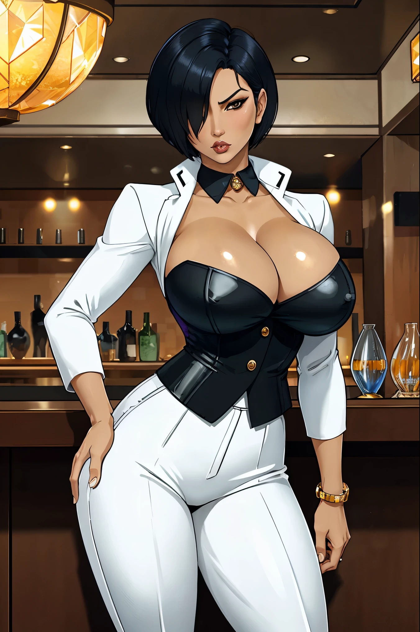 kiko, short hair, hair over one eye, asian, tanned skin, tanned, 35yo, mature woman, milf, serious, mad, dangerous, white female suit, cleavage, big breasts, suit pants, standing, serving drinks in a bar top of a casino, shiny design, cristal design, diamond pattern, elegant waitress