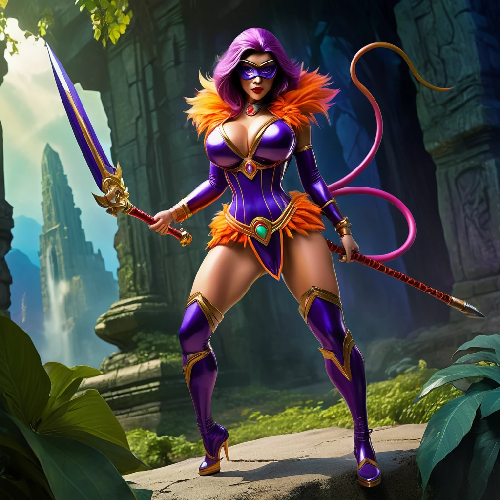 (Milana Aleksandrovna Vayntrub, age 25) in a sexy monkey themed costume, villain in the He Man setting, preparing her ambush, high action, high fantasy 

Medium: digital illustrations, comic book style
Details: detailed costume design with a sexy and alluring monkey-themed outfit, featuring intricate patterns and eye-catching colors. The costume highlights her feminine figure while exuding a mysterious and playful aura. She wears a matching mask that partially covers her face, adding an element of intrigue. Additionally, she sports long, flowing hair, styled in a way that complements her villainous persona. 
Action: Milana is shown in a dynamic pose, poised to strike as she carefully plans her next move. Her body language suggests confidence and determination, as she crouches down, ready to pounce. She holds a weapon in one hand, which reflects the high fantasy setting of He Man, further emphasizing her role as a villain preparing for an ambush.
Background: Set against a dramatic, otherworldly landscape, the background showcases a surreal and vibrant environment. The composition features elements such as towering mountains, dense forests, and mystical ruins. The lighting is dramatic, with rays of sunlight casting long shadows and creating a sense of tension and anticipation. The overall atmosphere is infused with an air of mystery, adding to the intrigue and adventure of the scene.
Art Style: The artwork employs a comic book style, with bold lines and vibrant colors that pop off the page. The illustrations capture the energy and excitement of the action-packed scene, immersing viewers in a fantastical world. The use of dynamic angles and perspectives enhances the visual impact, creating a sense of movement and intensity.
Color Palette: The color palette is rich and vibrant, with a mix of warm and cool tones. The costume features bold and contrasting colors, such as deep purples, fiery oranges, and electric blues. The background incorporates earthy greens, moody blue
