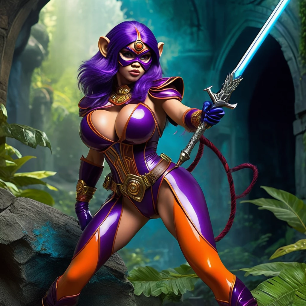 (Milana Aleksandrovna Vayntrub, age 25) in a sexy monkey themed costume, villain in the He Man setting, preparing her ambush, high action, high fantasy
Medium: digital illustrations, comic book style
Details: detailed costume design with a sexy and alluring monkey-themed outfit, featuring intricate patterns and eye-catching colors. The costume highlights her feminine figure while exuding a mysterious and playful aura. She wears a matching mask that partially covers her face, adding an element of intrigue. Additionally, she sports long, flowing hair, styled in a way that complements her villainous persona.
Action: Milana is shown in a dynamic pose, poised to strike as she carefully plans her next move. Her body language suggests confidence and determination, as she crouches down, ready to pounce. She holds a weapon in one hand, which reflects the high fantasy setting of He Man, further emphasizing her role as a villain preparing for an ambush.
Background: Set against a dramatic, otherworldly landscape, the background showcases a surreal and vibrant environment. The composition features elements such as towering mountains, dense forests, and mystical ruins. The lighting is dramatic, with rays of sunlight casting long shadows and creating a sense of tension and anticipation. The overall atmosphere is infused with an air of mystery, adding to the intrigue and adventure of the scene.
Art Style: The artwork employs a comic book style, with bold lines and vibrant colors that pop off the page. The illustrations capture the energy and excitement of the action-packed scene, immersing viewers in a fantastical world. The use of dynamic angles and perspectives enhances the visual impact, creating a sense of movement and intensity.
Color Palette: The color palette is rich and vibrant, with a mix of warm and cool tones. The costume features bold and contrasting colors, such as deep purples, fiery oranges, and electric blues. The background incorporates earthy greens, moody blue