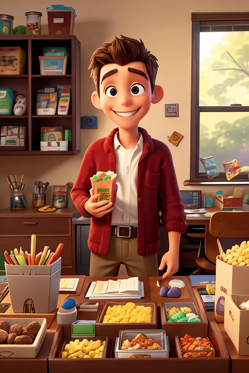 Show a cluttered desk overflowing with a variety of snacks ranging from popcorn and chocolates to fruit bowls and nuts. The character, a mischievous young man, grins as he reaches for a snack. Multiple snack packets are half-open, and there's a mini fridge by the desk packed with even more goodies.
