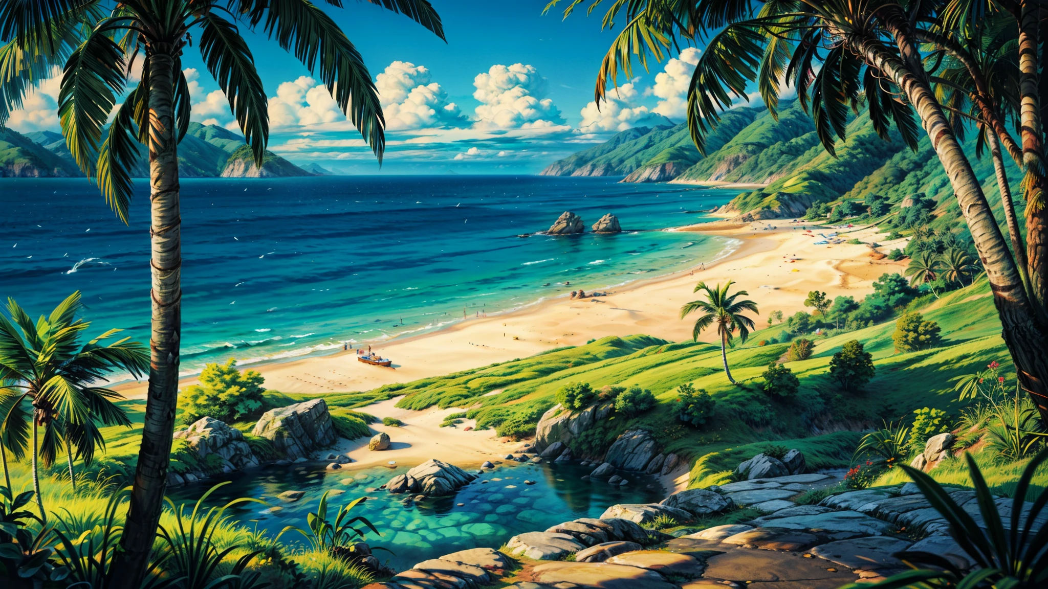 (obra de arte), ((mais alta qualidade)), (super detalhado), ((muito delicado e lindo)), (Incrivelmente absurdo))),Explore this hidden oasis of tranquility, where emerald waters gently lap against golden shores, criando uma melodia hipnotizante que acalma a alma. Palm trees sway gracefully in the ocean breeze, its verdant leaves casting dappled shadows over the pristine sands below. Flores tropicais vibrantes alinham-se na costa, its intoxicating fragrance mixed with the salty sea breeze. As you wander the coast, o sol quente beija sua pele, infusing you with a sense of peace and contentment. A cada passo, you will feel the worries of the world melt away, replaced by a deep connection with the beauty of nature.
