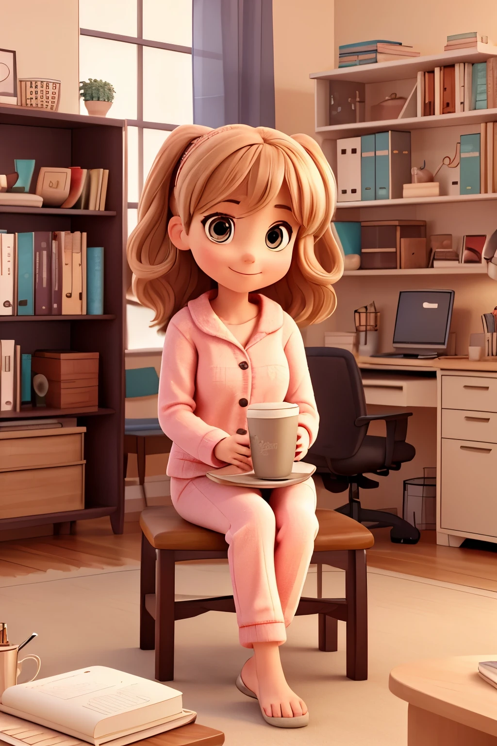 Illustrate a cozy, modern home office where the character, a cheerful young woman, is comfortably seated on an ergonomic chair. She wears stylish pajamas, complete with fluffy slippers and a coffee mug in hand. The room has soft lighting and shelves filled with books and houseplants, creating a relaxed yet chic vibe.