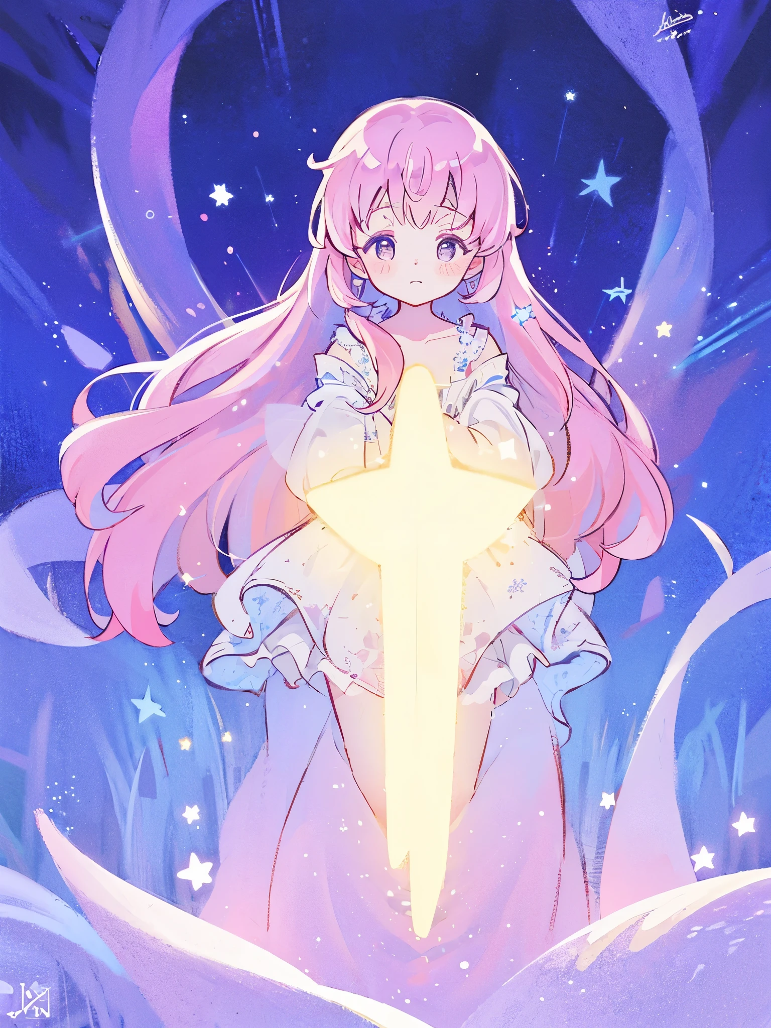 complex background, wishing star background, a woman wearing an ethereal mystical pink translucent dress that reflects the stars, perfume promo art, mystic, complex drawing, highly detailed, Covergirl brand, promo art, artistic rendition, ethereal, starry night, midjourney style