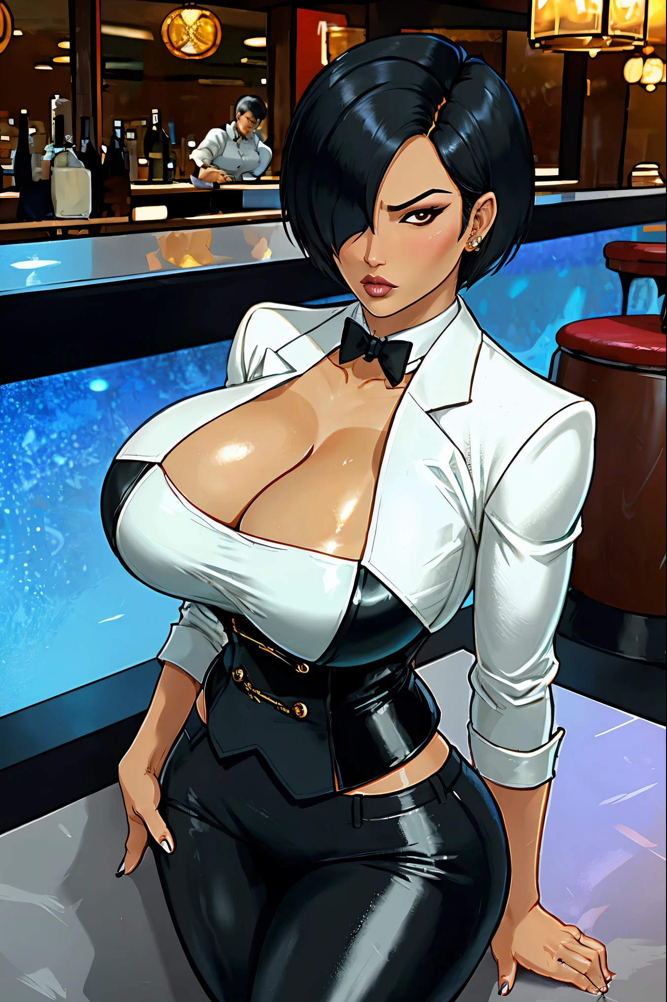 kiko, short hair, hair over one eye, asian, tanned skin, tanned, 35yo, mature woman, milf, serious, mad, dangerous, white female suit, cleavage, big breasts, suit pants, standing, serving drinks in a bar top of a casino, shiny design, cristal design, diamond pattern, elegant waitress