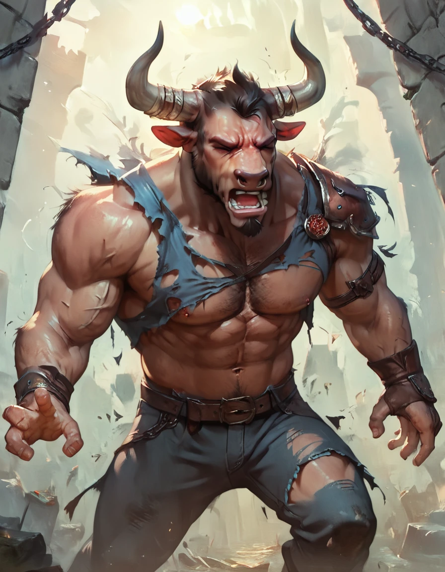 score_9, score_8_up, score_7_up, score_6_up, score_5_up, score_4_up, (solo), male minotaur mid transformation, solo, masterpiece, best art, torn pants, torn shirt, detailed hands, detailed eyes, detailed torso, dungeon, pain expression, transformation, human face, night, closed eyes, muscular