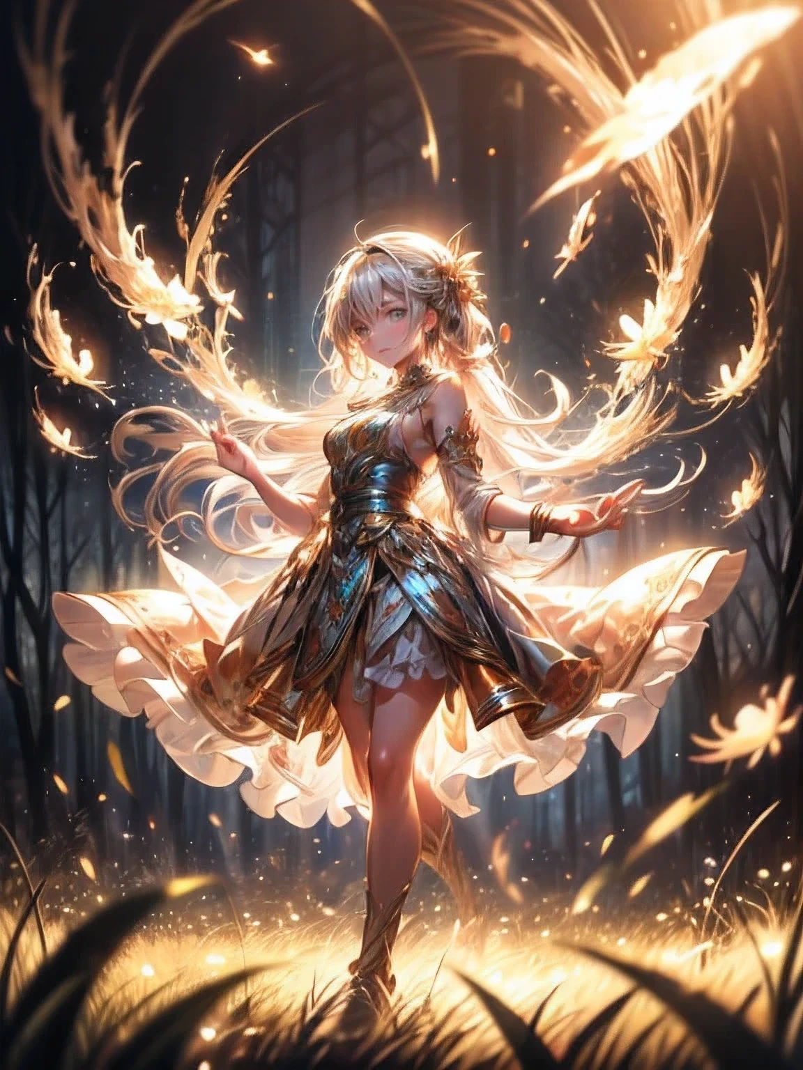masterpiece:1.2,highest quality, highres, 16k, ultra-realistic:1.37, beautiful detailed, Beautiful girl, Standing in a beautiful posing, gently smile, flowing hair, Night Grassland, fireflies in hands, fireflies on hair, Many fireflies fly around:1.3, Fireflies dancing wildly:1.3, Countless fireflies:1.3, Trails of many fireflies:1.3, beautiful delicate(hair,eyes,pupils,white dress,anklet,knee,fireflies), sparkling eyes, shining lips, behind view