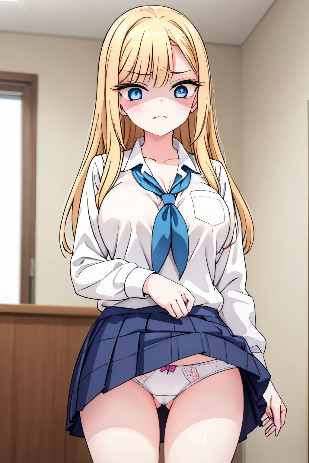 G-Cup　　masterpiece　highest quality　High resolution　　 Big Breasts　underwear　I asked her to show me her underwear while making a disgusted face.　sexy　Adult female　Blonde　school uniform　high school student　Glaring eyes　Mouth slightly open　　Contemptuous Eyes　Condescending eyes　Long Straight