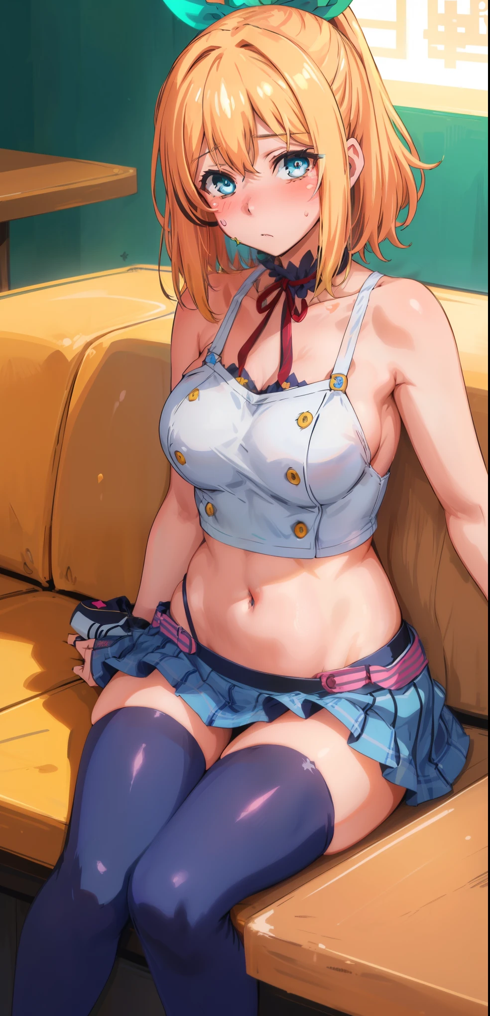 best quality, (masterpiece:1.2), detailed, medieval,
Rumia Tingel,
1girl, solo, ((blush)),
medium hair, blonde hair, short ponytail, blue eyes, green bow, x hair ornament,
((( blue eyes, ultra-detailed eyes))),
Dynamic pose, ((blush)), medium breasts, medium hair, background, perfect anatomy, healthy skin, glowing eyes, cat ears. ((((sitting in a bar)))). (((((Casual clothes, navel, healthy skin))))), confident. (((Dominatrix, authority, merciless)))