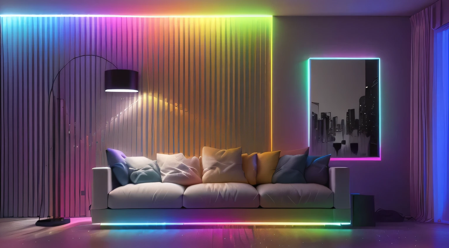 a brightly lit living room with a white couch and a black lamp, rgb wall light, volumetric rainbow lighting, rgb lighting, led light strips, colorful lighting, rgb led lights, colored lighting, dramatic colorful lighting, neon ambient lighting, rgb lights, rgb ethereal lighting, colourful lighting, cinematic mood lighting, cheerful ambient lighting, neon accent lights, cinematic colors lighting