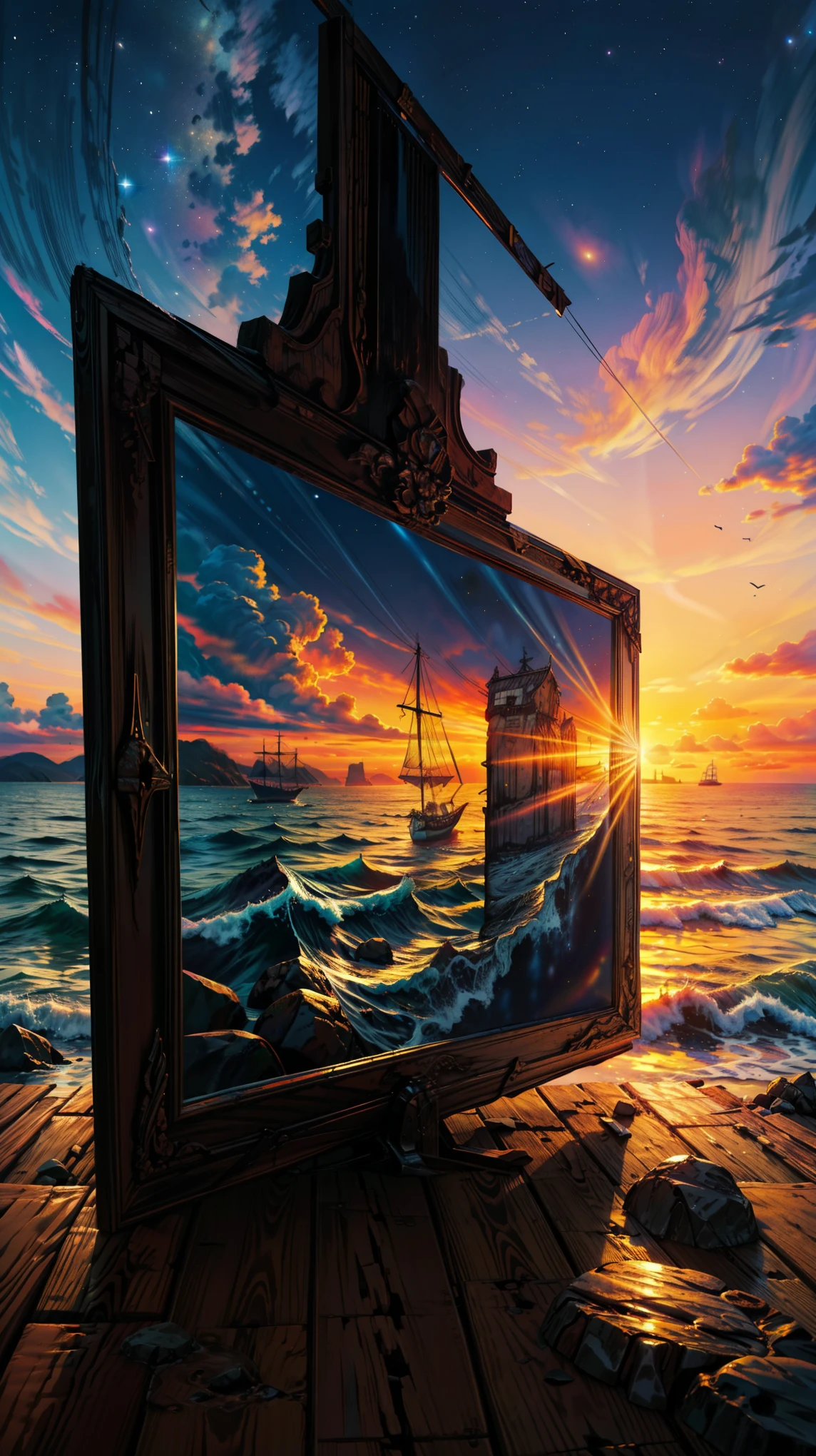 absurd resolution, high resolution, (obra de arte: 1.4), hiperdetalhe, um mar calmo e detalhado com um barco abandonado, a sky with sunset and the galaxy effect is very detailed, incredible and divine place, impeccable details