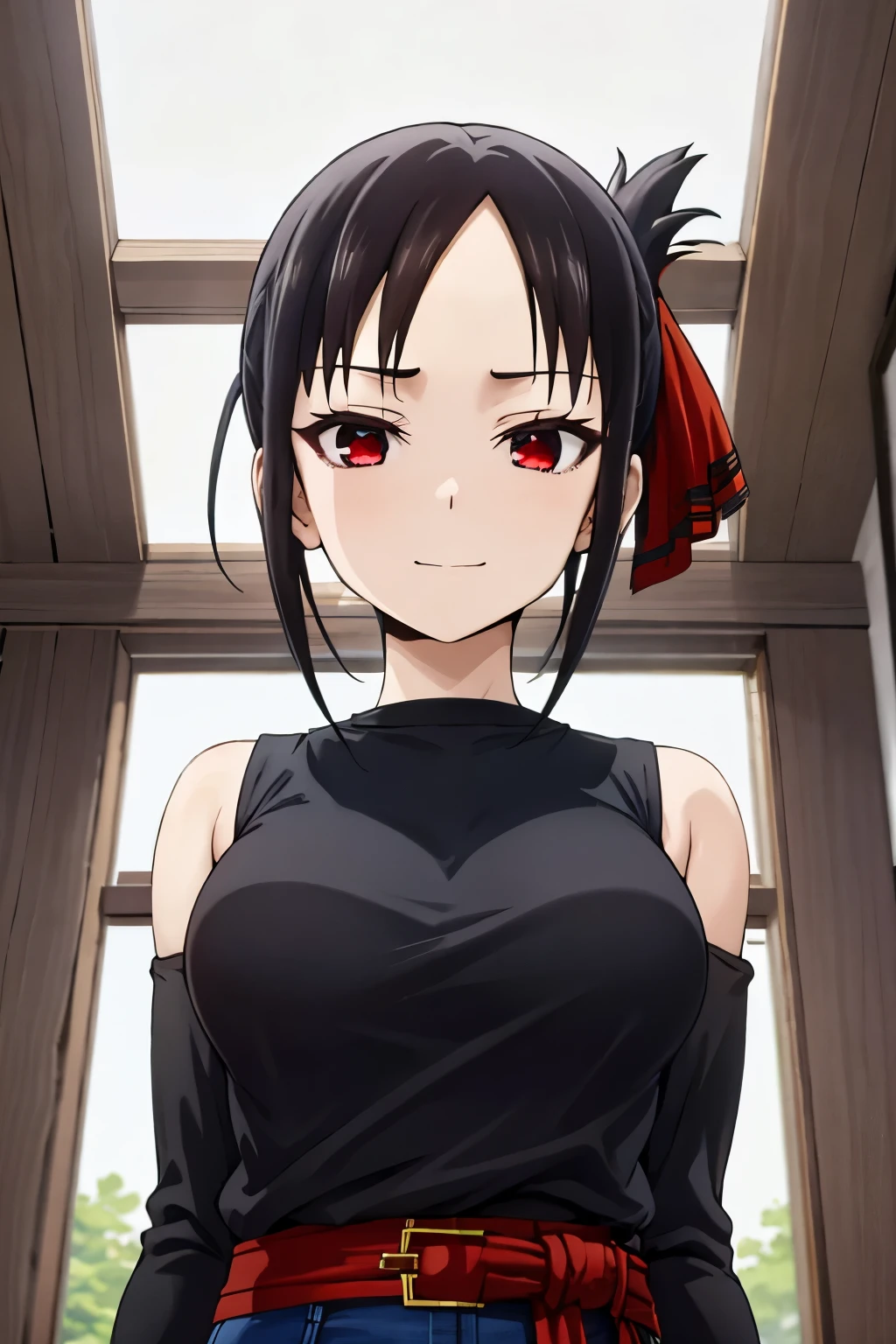 1girl,alone,kaguya shinomiya,best quality (masterpiece: 1.2),detailed,closed mouth,light smile, black hair, red eyes, short hair, folded ponytail, hair ribbon, black tank top, tight shirt, blue jeans, skinny jeans, exposed waist, red ribbon, medium breasts, medium waist, wide hips, medium thighs , round butt, from behind, looking at viewer, pov (from below, ((upper body)), perfect anatomy, perfect hands
