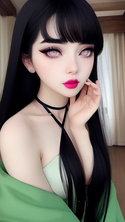 Pale body and black hair black eyebrows and green eyes big   lips and perfect nose،rapunzel hair length korean beauty 