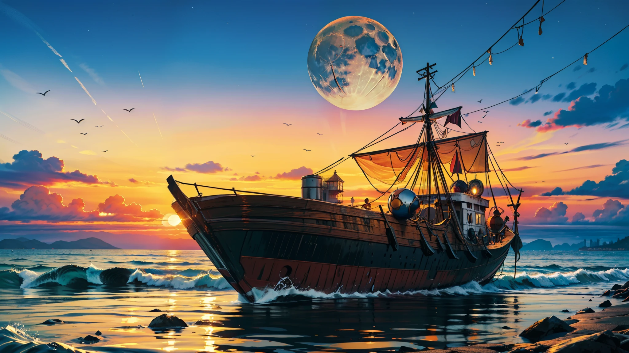 absurd resolution, high resolution, (obra de arte: 1.4), hiperdetalhe, um mar calmo e detalhado com um barco, a sky with a sunset and a huge, well-detailed blue moon, incredible and divine place, impeccable details