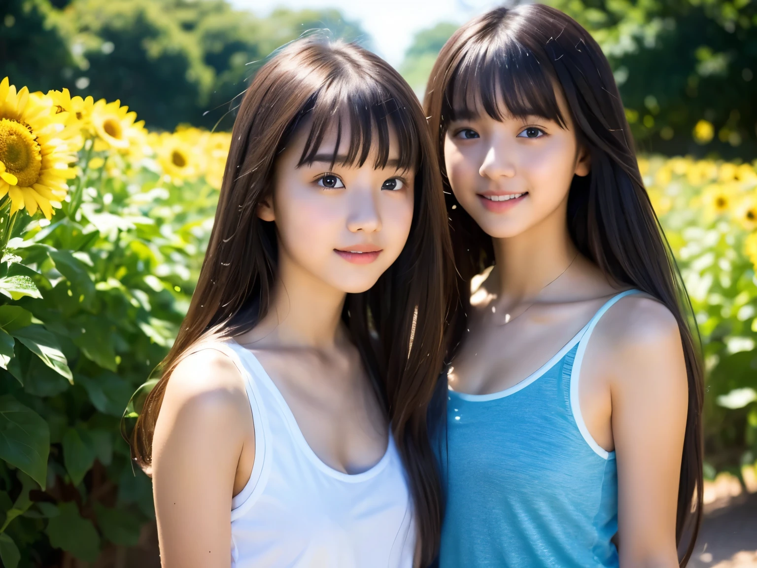 Pretty girl,15 years old,Long Hair,bangs、Country Road,Full body photo,Hyper HD,Bright light,Summer clothes、Tank top