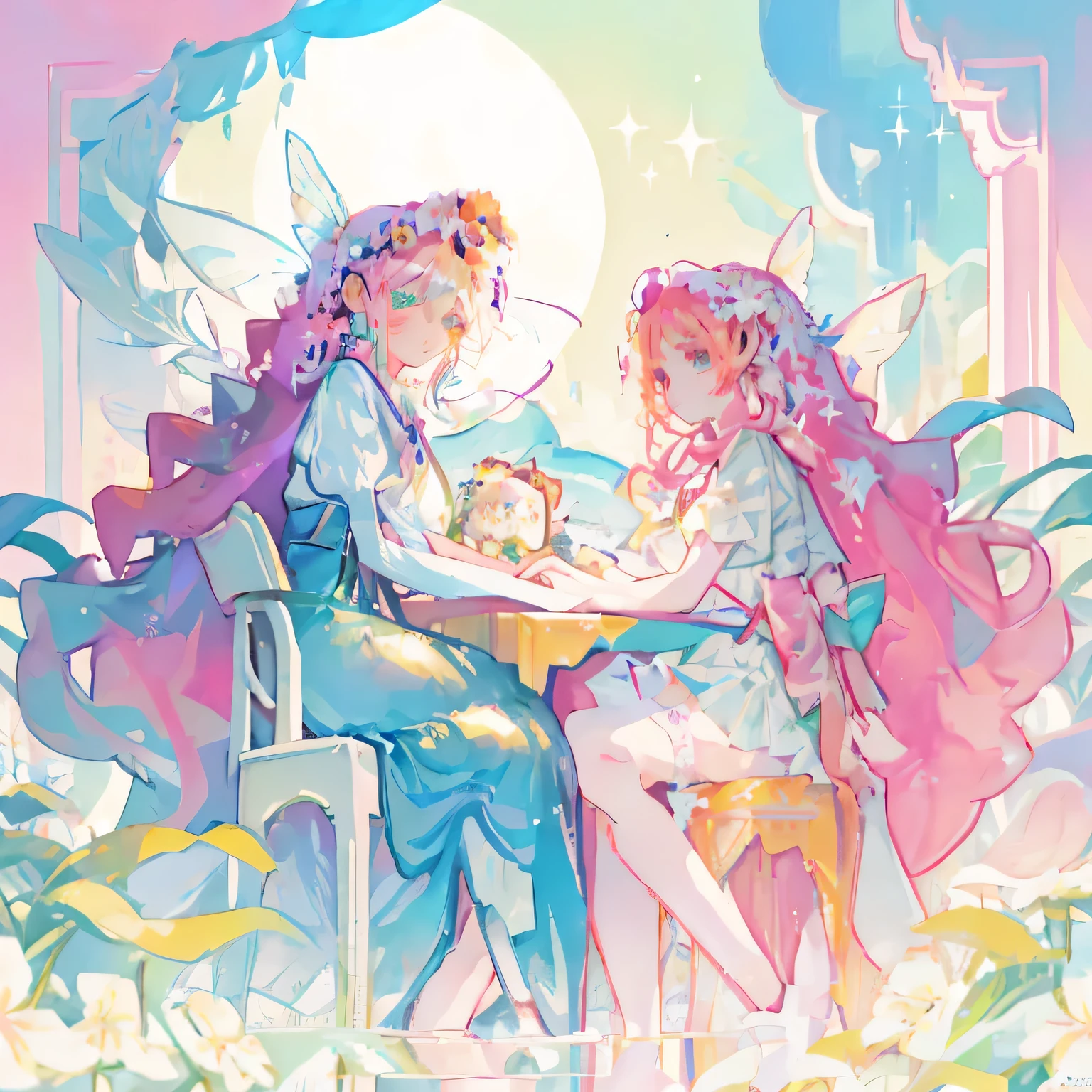 There is a chic girl with sunflowers in her hair., Girl in a dress, Soft anime illustration, Elf girl in a white dress, Favorite character, Fresh characters, Possibility of whole body use, Girly style, Full body portrait in short skirt!, Anime stylization, Warm anime heroine,Green Hair,Half-knee short white stockings,Pseudo-thick film。