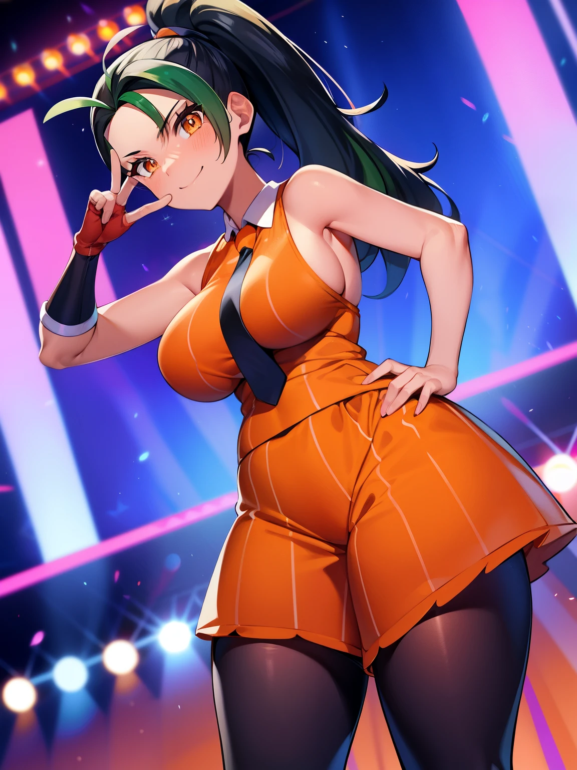Pokémon、Nemo、big tits milf、big tits milf、big milf、solo、Nemona、long hair、orange eyes、ponytail、look at viewer、black pantyhose、gloves、orange tie、orange shorts、short sleeve、、stage、Stage Lights、Spotlight、peace sign、dutch angle、smile